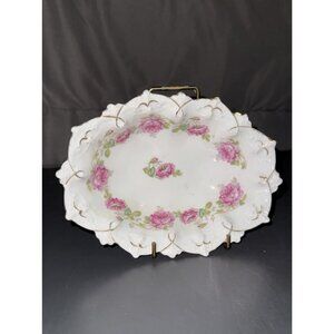 Antique MZ Austria Plate Decorative Oval Ruffle Edge Roses Gold Back Mark